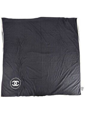 Chanel Shawl Large CC Logo Cashmere Silk Black White Scarf